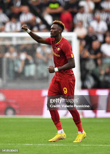 Tammy Abraham of AS Roma celebrates after scoring their team's first goal during the Serie A match between Juventus and AS Roma at Allianz Stadium on...