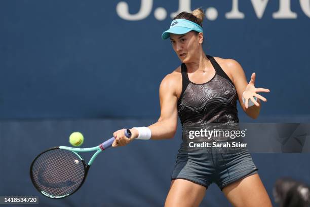 Danka Kovinic of Montenegro returns a shot during a practice session before the start of the 2022 US Open at USTA Billie Jean King National Tennis...
