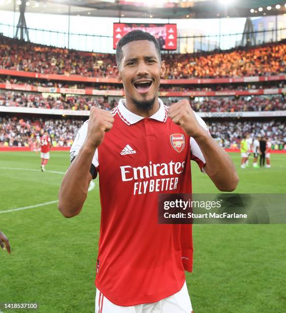 William Saliba celebrates after the Premier League match between Arsenal FC and Fulham FC at Emirates Stadium on August 27, 2022 in London, England.