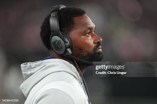 Linebackers coach Jerod Mayo of the New England Patriots looks on during the second half of a preseason game against the Las Vegas Raiders at...