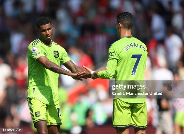 Marcus Rashford of Manchester United with Cristiano Ronaldo following the Premier League match between Southampton FC and Manchester United at...