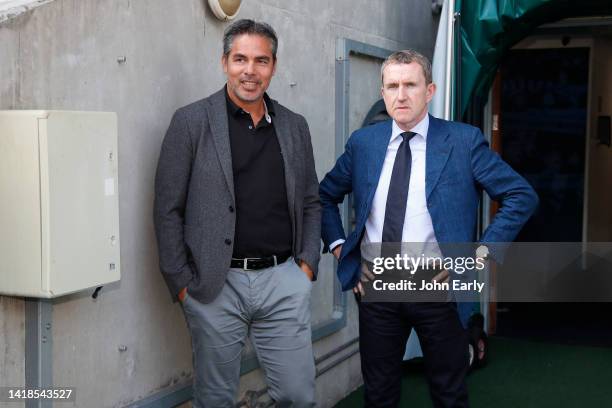 David Wagner the former Head Coach of Huddersfield Town stands next to Club Chairman Dean Hoyle as he returns to the club for the first time in three...