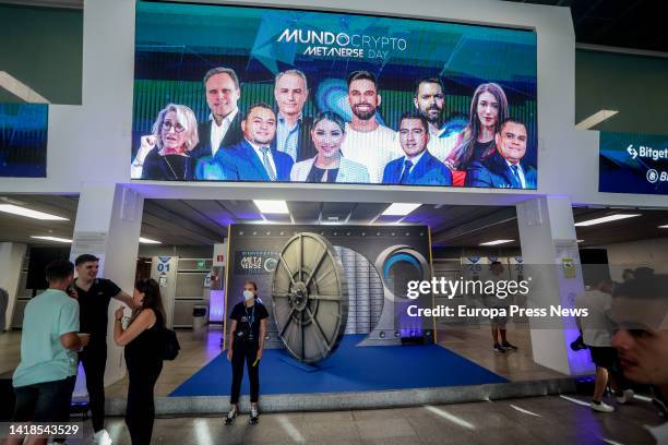 Poster with the protagonists of the event welcomes Crypto World, at the WiZink Center, on August 26 in Madrid, Spain. The most recognized brands in...