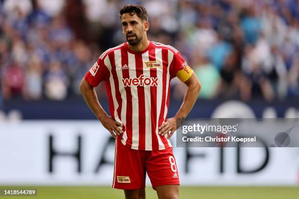 Rani Khedira of 1. FC Union Berlin reacts during the Bundesliga match between FC Schalke 04 and 1. FC Union Berlin at Veltins-Arena on August 27,...