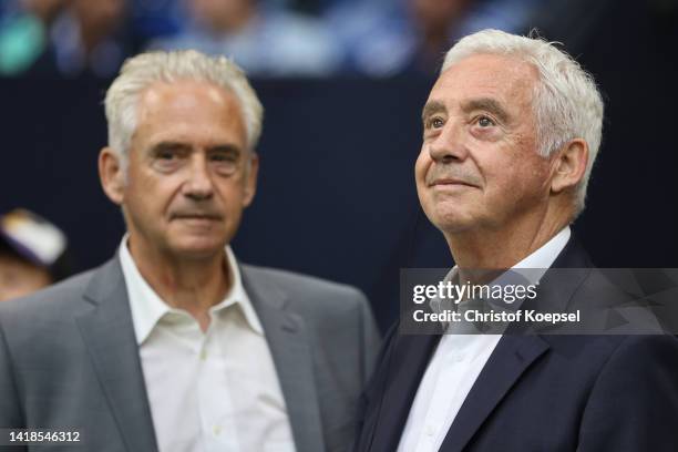 Helmut und Erwin Kremrs, former player of Schalke look on prior to the Bundesliga match between FC Schalke 04 and 1. FC Union Berlin at Veltins-Arena...