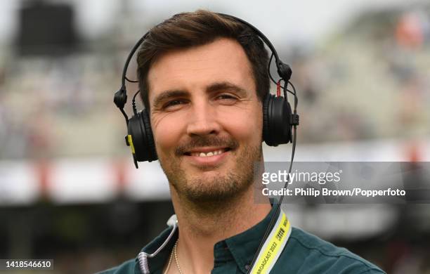 Steven Finn of BBC Test Match Special on the field after England won the second Test between England and South Africa at Old Trafford on August 27,...