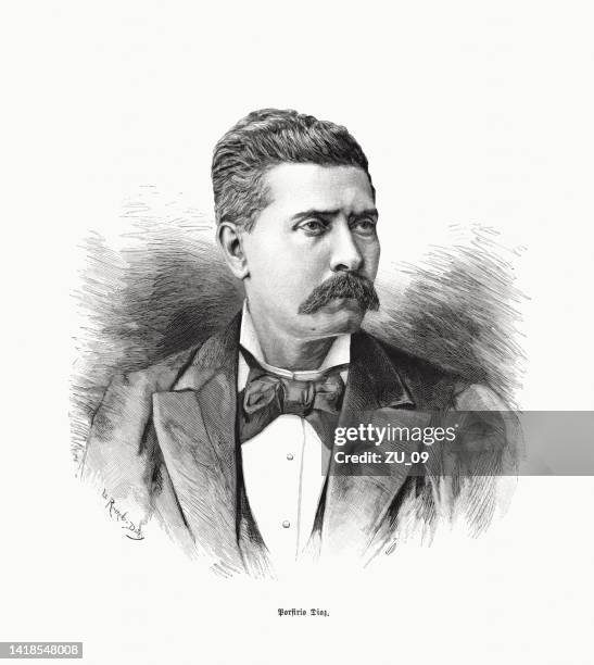 porfirio díaz (1830-1915), mexican general and politician, woodcut, published 1885 - porfirio diaz stock illustrations