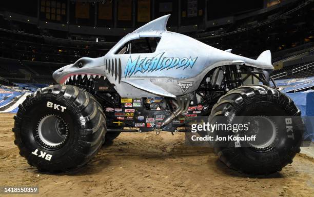 Megalodon details on display at Monster Jam at Crypto.com Arena on August 27, 2022 in Los Angeles, California.