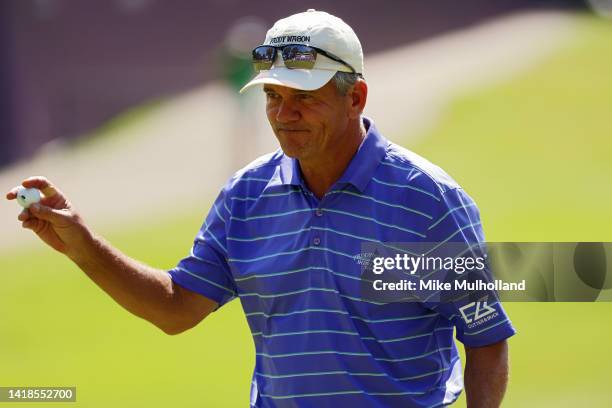 Scott Dunlap of the United States reacts after making a birdie on the 17th hole during the second round of The Ally Challenge at Warwick Hills Golf...