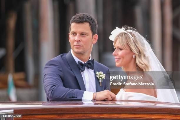 Federica Pellegrini and Matteo Giunta are seen on the way to the Marriott Hotel on the Isle of Roses on August 27, 2022 in Venice, Italy.