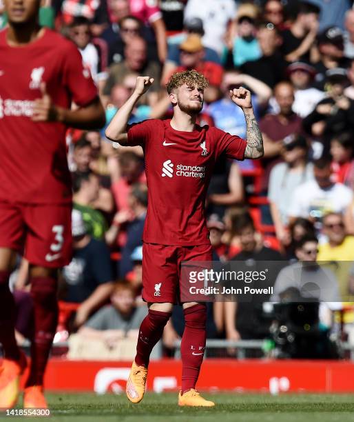 Harvey Elliott of Liverpool celebrates after scoring the second goal during the Premier League match between Liverpool FC and AFC Bournemouth at...