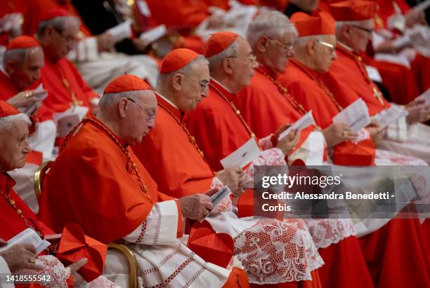 Cardinals attend an extraordinary consistory for the creation of 21 Cardinals, in St. Peter's Basilica at The Vatican on August 27, 2022 in Vatican...