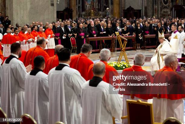 Pope Francis leads an extraordinary consistory for the creation of 21 Cardinals, in St. Peter's Basilica at The Vatican on August 27, 2022 in Vatican...