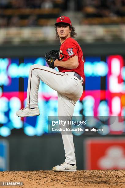 Joe Ryan of the Minnesota Twins pitches against the San Francisco Giants on August 26, 2022 at Target Field in Minneapolis, Minnesota.