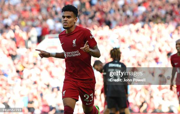 Luis Diaz of Liverpool after scoring the 9th goal during the Premier League match between Liverpool FC and AFC Bournemouth at Anfield on August 27,...