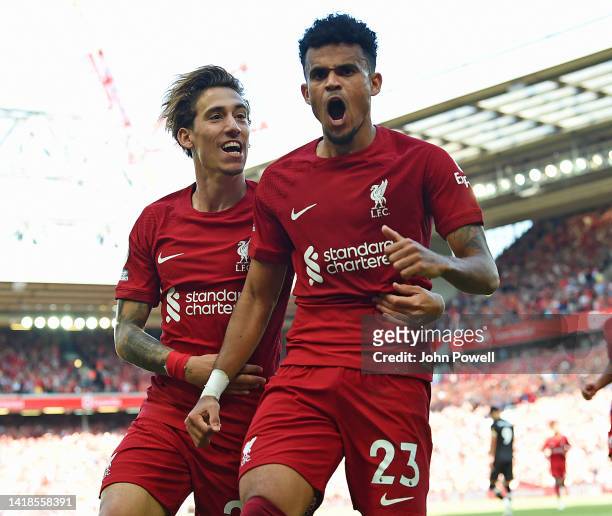 Kostas Tsimikas of Liverpool with Luis Diaz of Liverpool after Luis Diaz scored the 9th goal during the Premier League match between Liverpool FC and...
