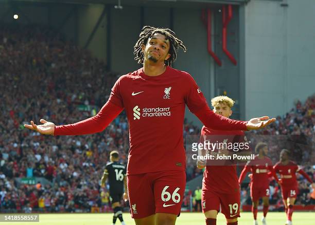 Trent Alexander-Arnold of Liverpool after scoring his goal during the Premier League match between Liverpool FC and AFC Bournemouth at Anfield on...
