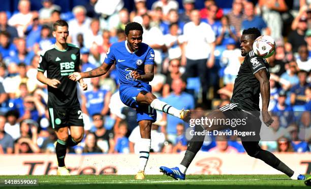 Raheem Sterling of Chelsea scores their first goal during the Premier League match between Chelsea FC and Leicester City at Stamford Bridge on August...