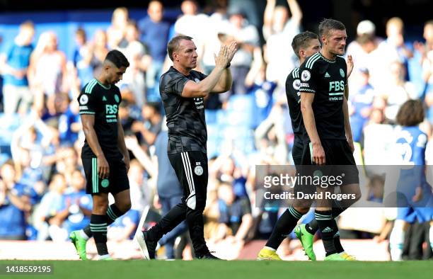Brendan Rodgers the manager of Leicester City applauds the Leicester supporters after their defeat during the Premier League match between Chelsea FC...