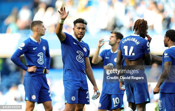 Reece James of Chelsea celebrates after their victory during the Premier League match between Chelsea FC and Leicester City at Stamford Bridge on...