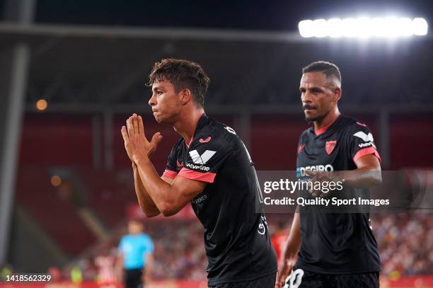 Oliver Torres of Sevilla FC celebrates after scoring his team's first goal during the LaLiga Santander match between UD Almeria and Sevilla FC at...