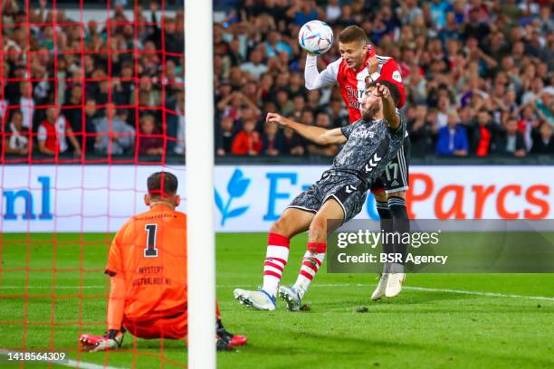 Sebastian Szymanski of Feynoord scores the 4-0 during the Dutch Eredivisie match between Feyenoord and FC Emmen at Stadion Feyenoord on August 27,...