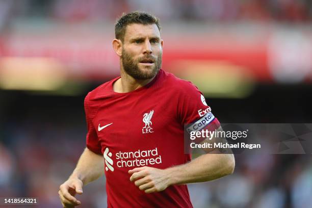 James Milner of Liverpool in action during the Premier League match between Liverpool FC and AFC Bournemouth at Anfield on August 27, 2022 in...