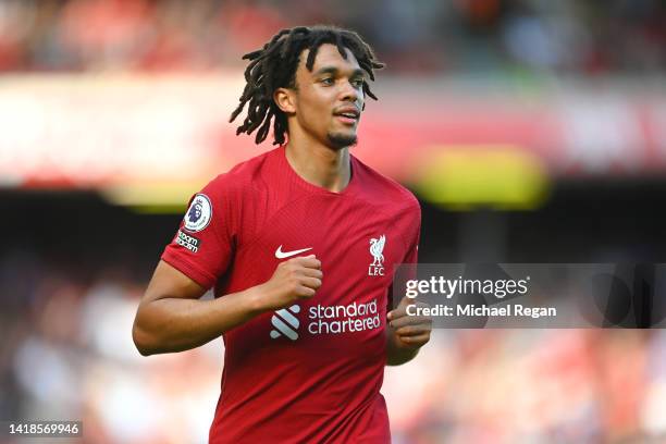 Trent Alexander-Arnold of Liverpool in acton during the Premier League match between Liverpool FC and AFC Bournemouth at Anfield on August 27, 2022...