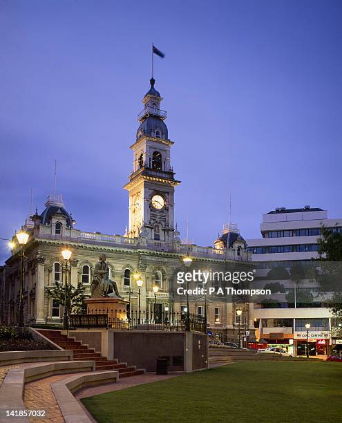 town hall and statue of robert burns at night, dunedin, otago, south island, new zealand - dunedin new zealand stock pictures, royalty-free photos & images