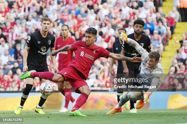 Roberto Firmino of Liverpool scores their team's seventh goal during the Premier League match between Liverpool FC and AFC Bournemouth at Anfield on...