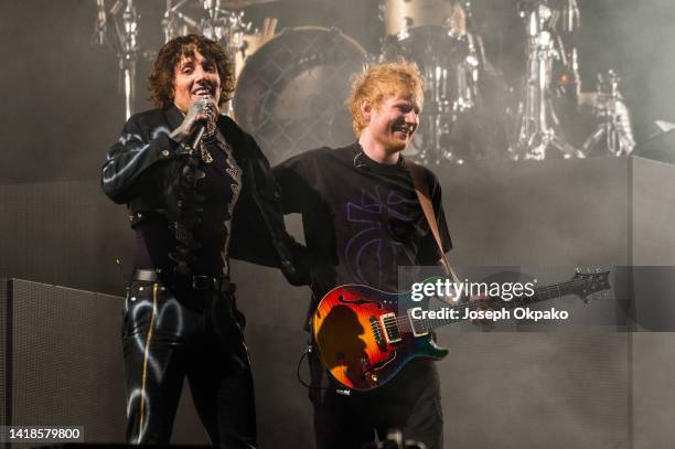 Oli Sykes of Bring Me the Horizon and Ed Sheeran perform on the main stage at Reading Festival day 2 on August 27, 2022 in Reading, England.