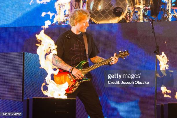 Ed Sheeran performs on the main stage as a special guest of Bring Me The Horizon at Reading Festival day 2 on August 27, 2022 in Reading, England.