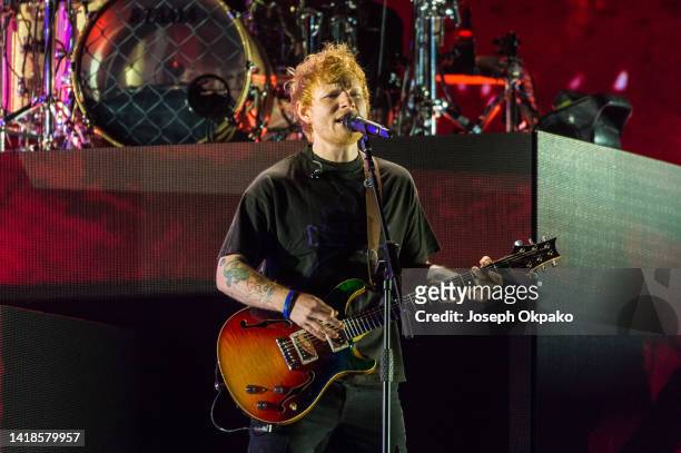 Ed Sheeran performs on the main stage as a special guest of Bring Me The Horizon at Reading Festival day 2 on August 27, 2022 in Reading, England.