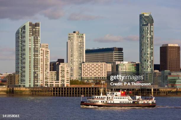 ferry and waterfront skyline, liverpool, merseyside, england - liverpool skyline stock pictures, royalty-free photos & images