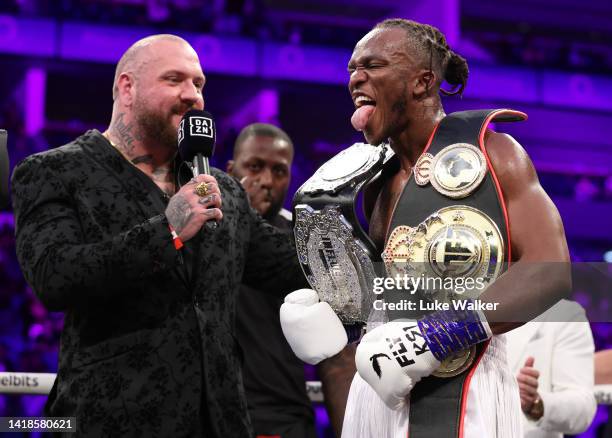 Celebrates the win after knocking down Swarmz during their Cruiserweight Main Event Bout at The O2 Arena on August 27, 2022 in London, England.