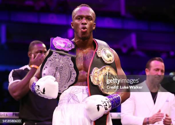 Celebrates the win after knocking down Swarmz during their Cruiserweight Main Event Bout at The O2 Arena on August 27, 2022 in London, England.