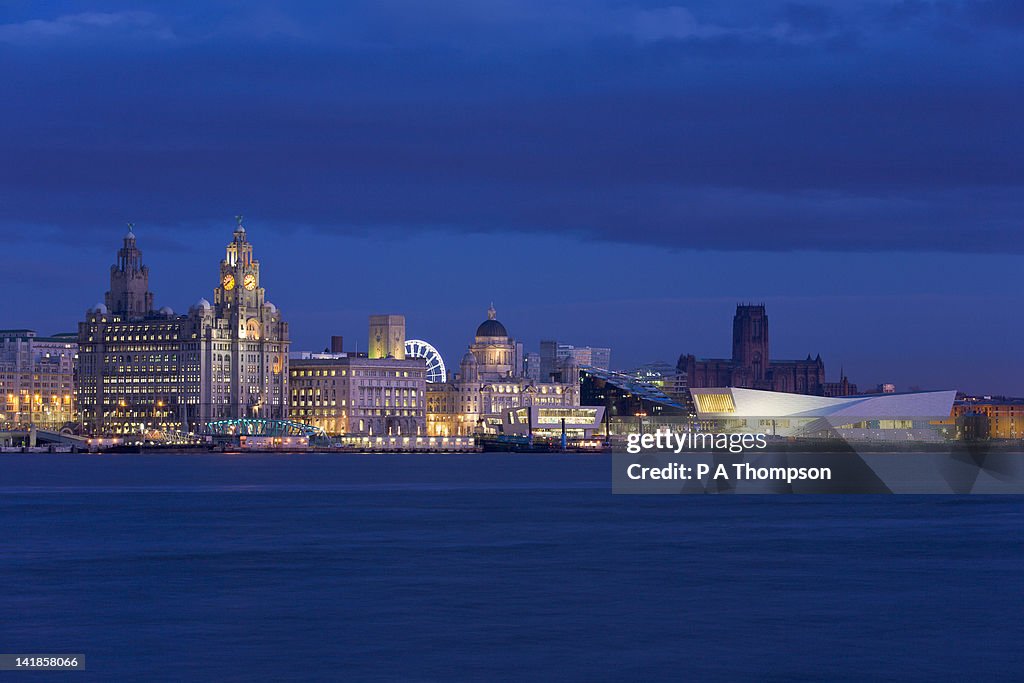 Skyline and Waterfront at night, Liverpool, Merseyside, England