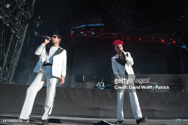 Sacha Got and Marlon Magnée of La Femme perform during Rock en Seine Festival on August 27, 2022 in Saint-Cloud, France.