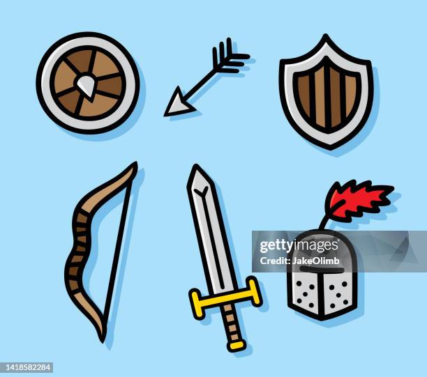 mittelalterliche waffen doodle set - traditioneller helm stock-grafiken, -clipart, -cartoons und -symbole