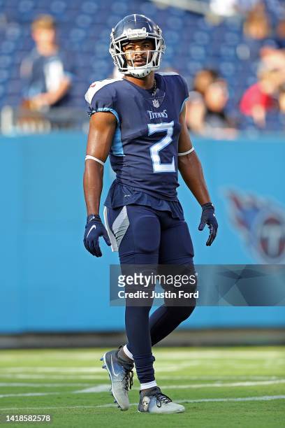 Robert Woods of the Tennessee Titans warms up before the preseason game against the Arizona Cardinals at Nissan Stadium on August 27, 2022 in...