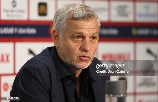 Coach of Stade Rennais Bruno Genesio answers to the media during the post-match press conference following the Ligue 1 Uber Eats match between RC...