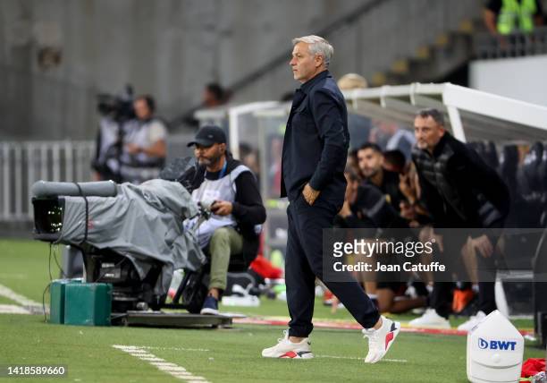 Coach of Stade Rennais Bruno Genesio during the Ligue 1 Uber Eats match between RC Lens and Stade Rennais at Stade Bollaert-Delelis on August 27,...