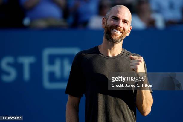 Adrian Mannarino of France reacts after defeating Laslo Djere of Serbia in the men's singles championship final on day eight of the Winston-Salem...