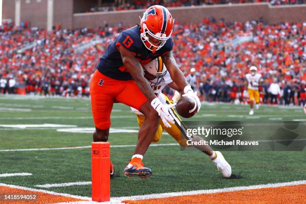 Pat Bryant of the Illinois Fighting Illini reaches for a touchdown against Wrook Brown of the Wyoming Cowboys during the second half at Memorial...