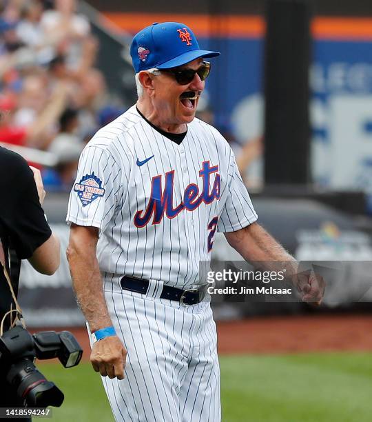 Former New York Mets manager Bobby Valentine is introduced during the teams Old Timers' Day wearing sunglasses and a fake mustache prior to the Mets...