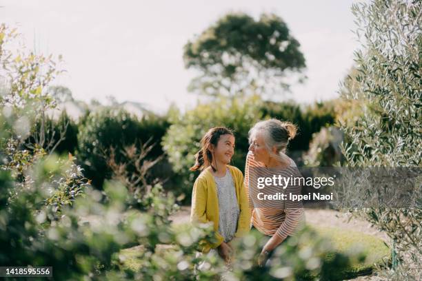 grandmother and granddaughter having a good time in garden - australian family time stock-fotos und bilder