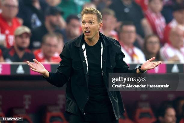 Julian Nagelsmann, head coach of Bayern München reacts during the Bundesliga match between FC Bayern München and Borussia Mönchengladbach at Allianz...