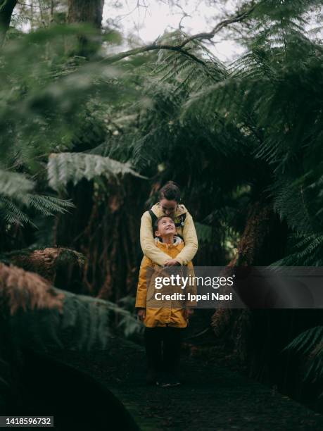 mother and daughter in forest, melbourne, australia - winter australia stockfoto's en -beelden