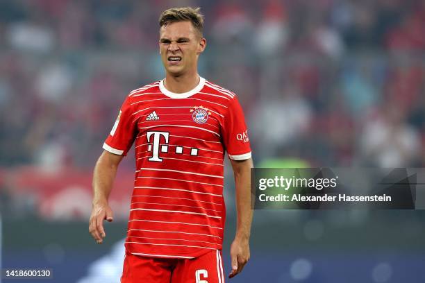 Joshua Kimmich of Bayern München reacts during the Bundesliga match between FC Bayern München and Borussia Mönchengladbach at Allianz Arena on August...