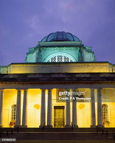 national museum and gallery at night, cardiff, wales - cardiff wales stock pictures, royalty-free photos & images